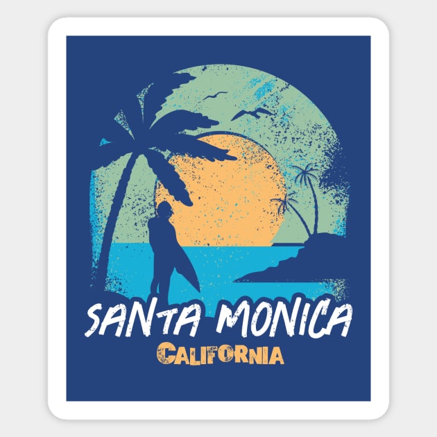 Retro Sunset Santa Monica, California Surfing // Retro Surfer Beach Sticker by Now Boarding